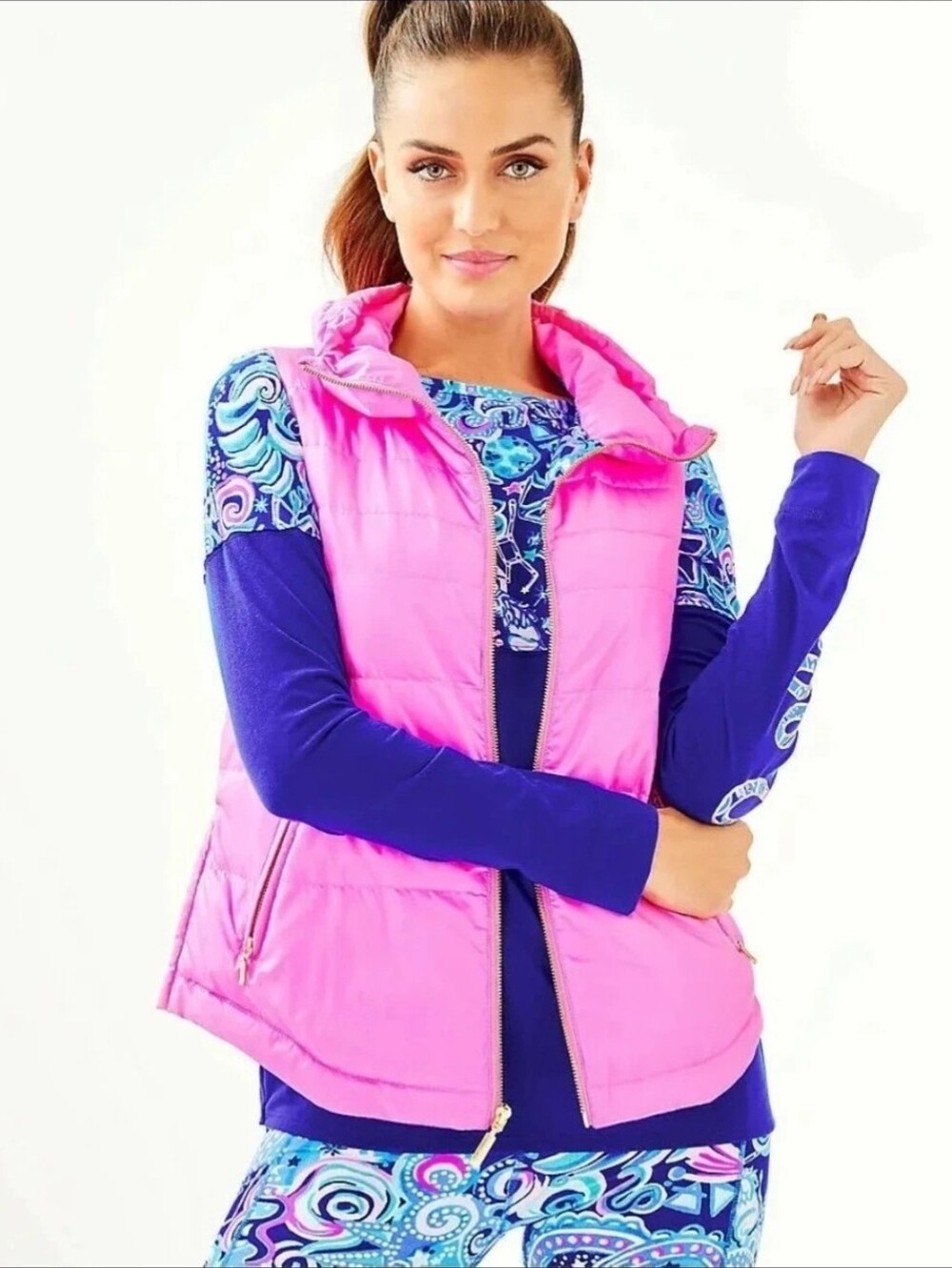 NWT Lilly Pulitzer Palm Paradise Vest Size M Pink Prosecco Down Puffer Gold Zip